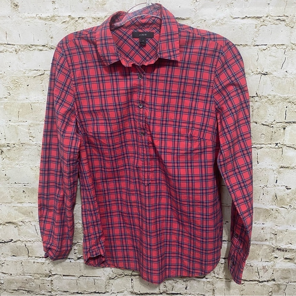 J Crew Pink Blue Plaid Cotton Pop Over Long Sleeve Top